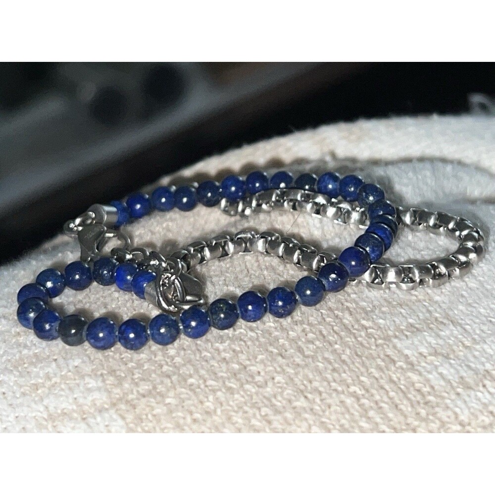 Genuine Lapis Lazuli Beaded & Stainless Steel Unisex Bracelet Blue And Silver